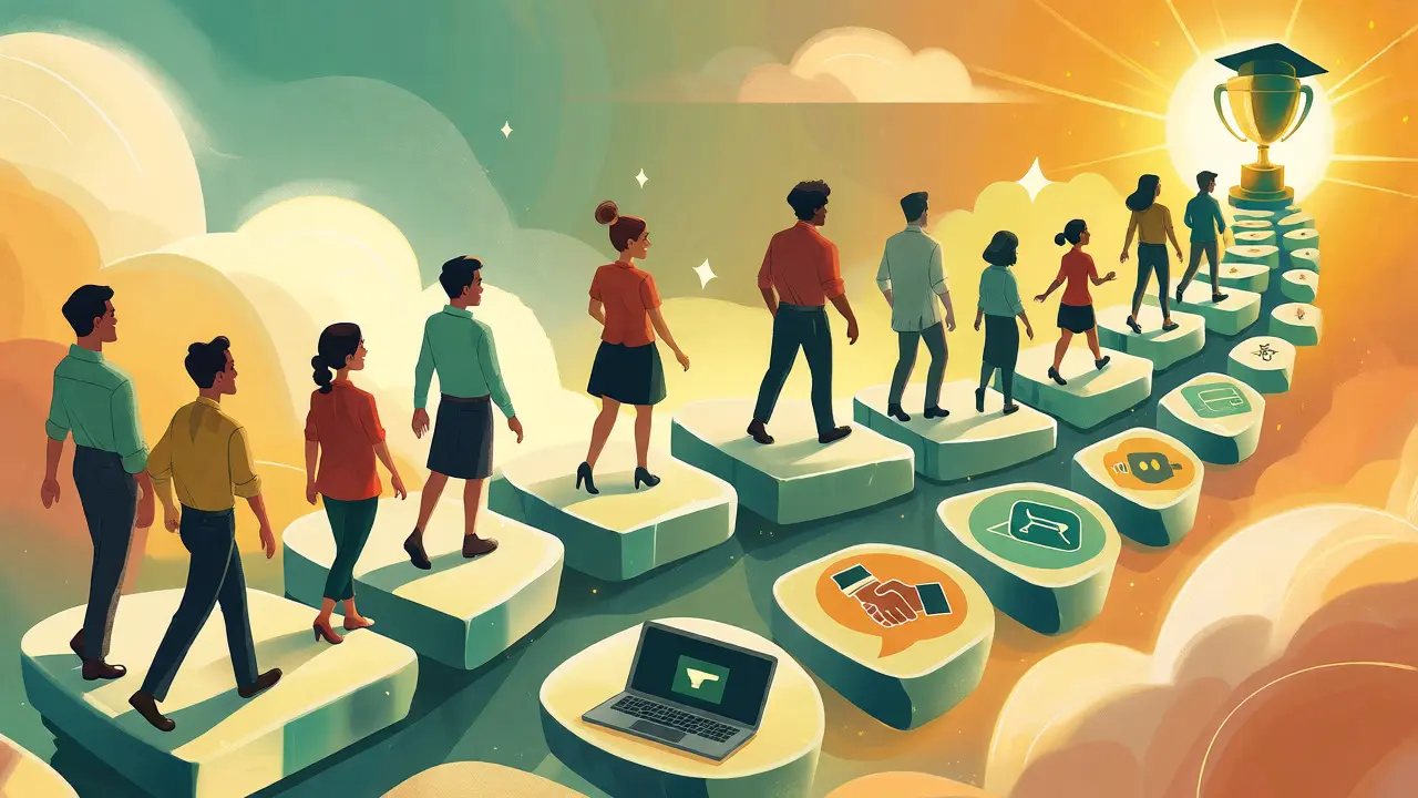 Employees walking a structured, glowing path connecting various learning modes.