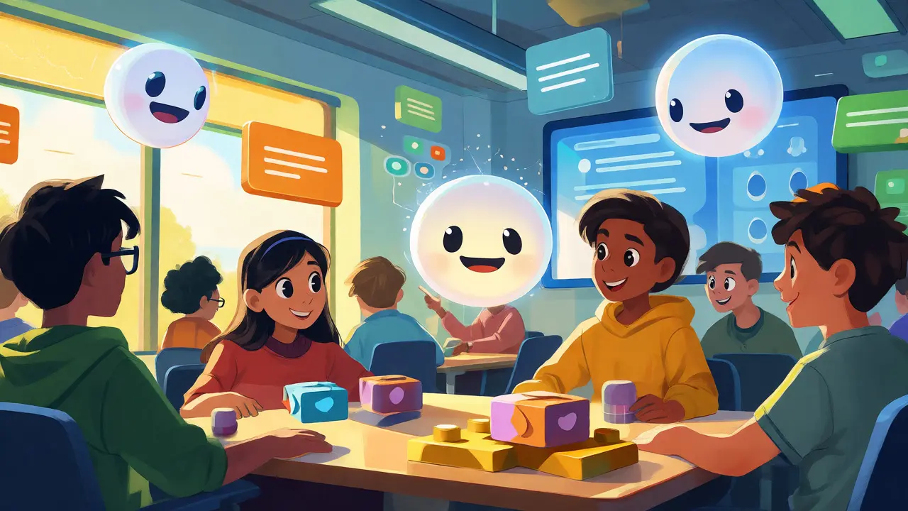 Friendly AI orbs assisting students with interactive learning blocks.