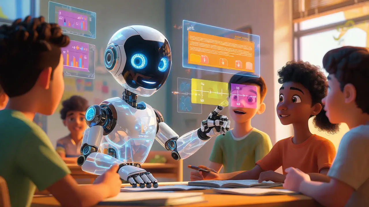 Friendly AI robot projecting colorful learning visuals to engaged students in a bright, transparent setting.