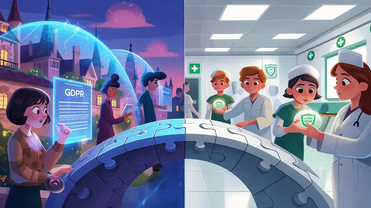 Illustration comparing GDPR data privacy and HIPAA medical record protection.