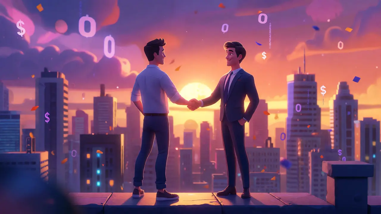 Illustration of a graduate shaking hands with a recruiter on a rooftop at sunset, celebrating success.