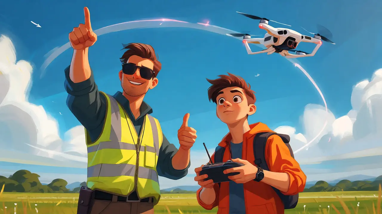 Instructor teaching a student to fly a drone in a field