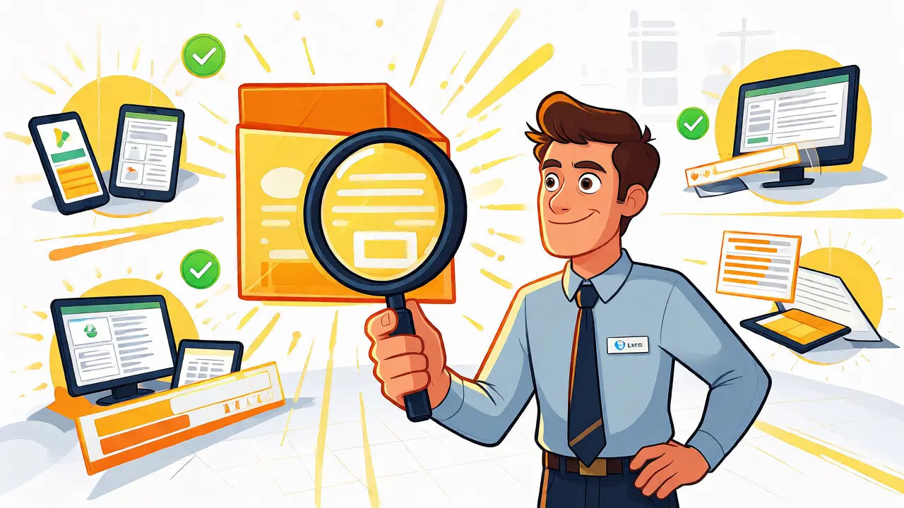 IT professional testing LMS features with a magnifying glass in a sandbox