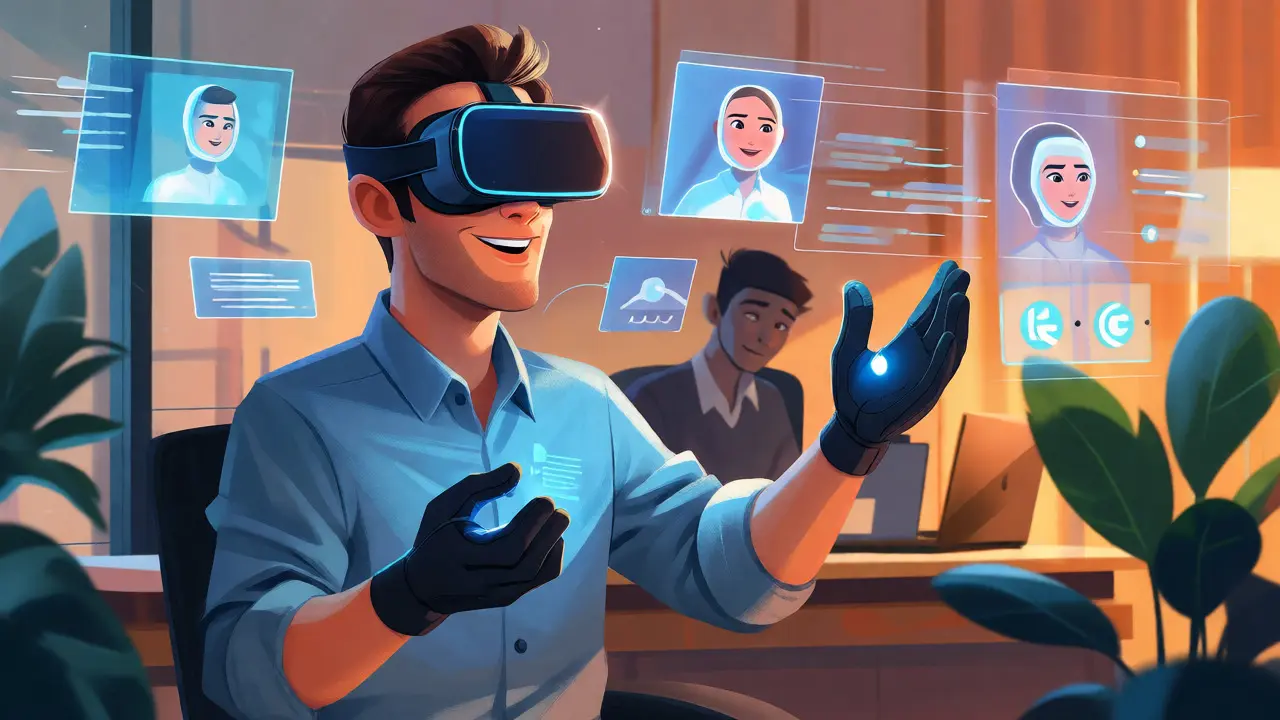 Manager using VR headset to practice leadership skills with holographic AI avatars.