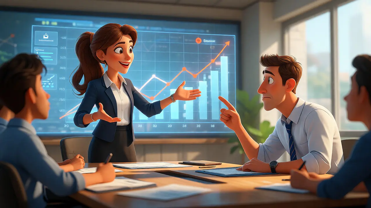 Marketer presenting revenue data to a sales team in a modern meeting room
