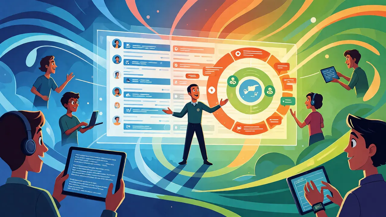 Mentor orchestrating a hybrid learning ecosystem combining forums, chat, and cohorts.