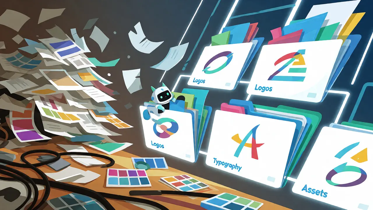 Messy desk transforming into organized digital asset folders with a robot helper.