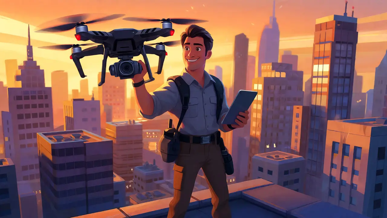 Professional drone pilot on a rooftop at sunset