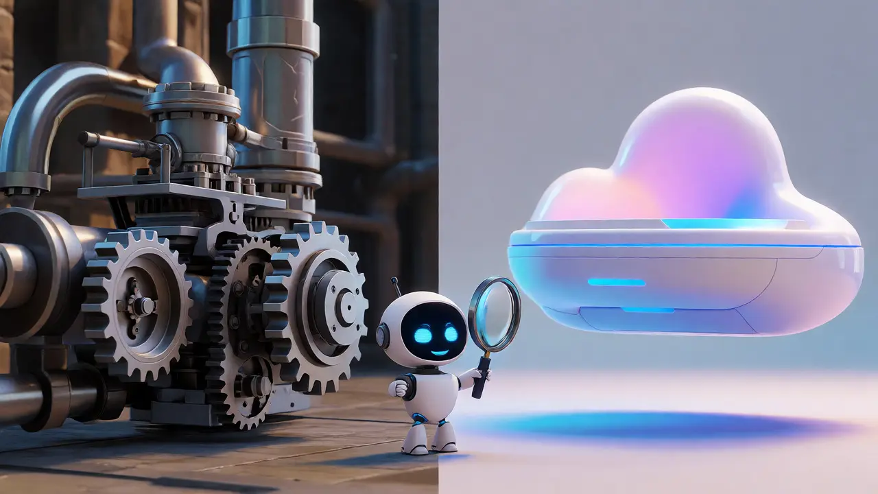 Robot comparing heavy desktop engine against agile cloud platform.