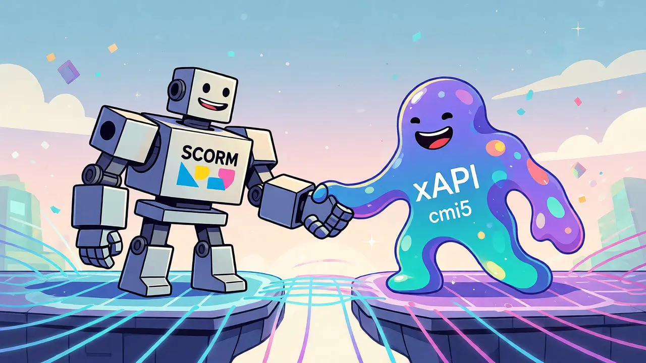 Robotic SCORM and fluid xAPI characters shaking hands on a data bridge