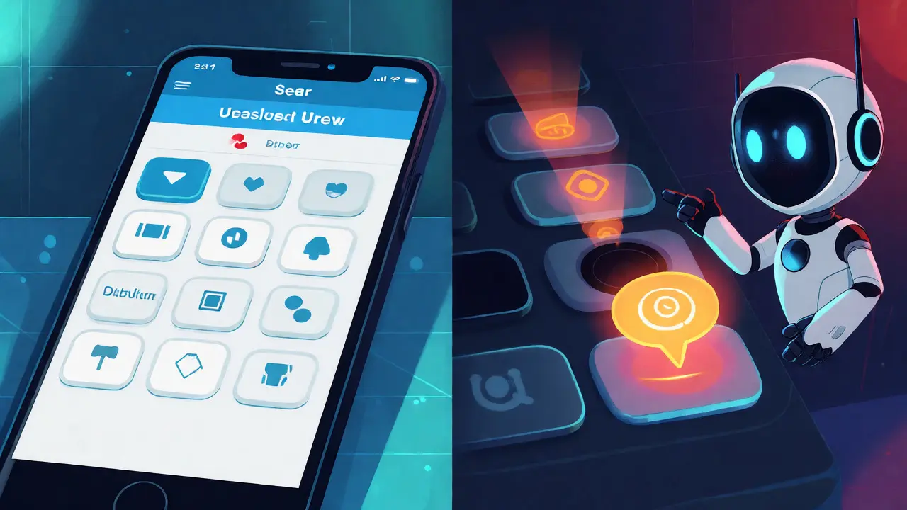 Split view showing a user seeing a UI while a screen reader hears missing labels on an app.