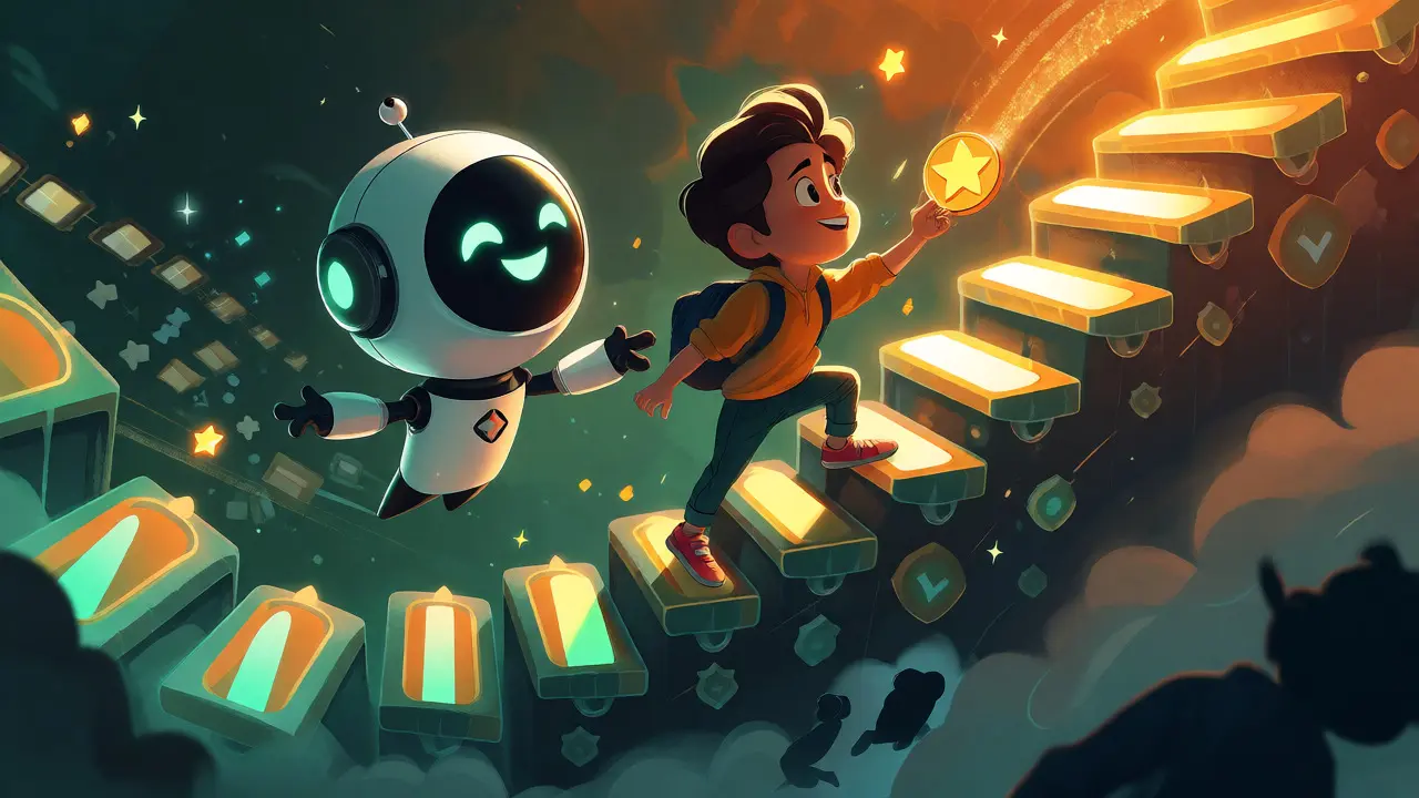 Student climbing progress stairs guided by AI mascot