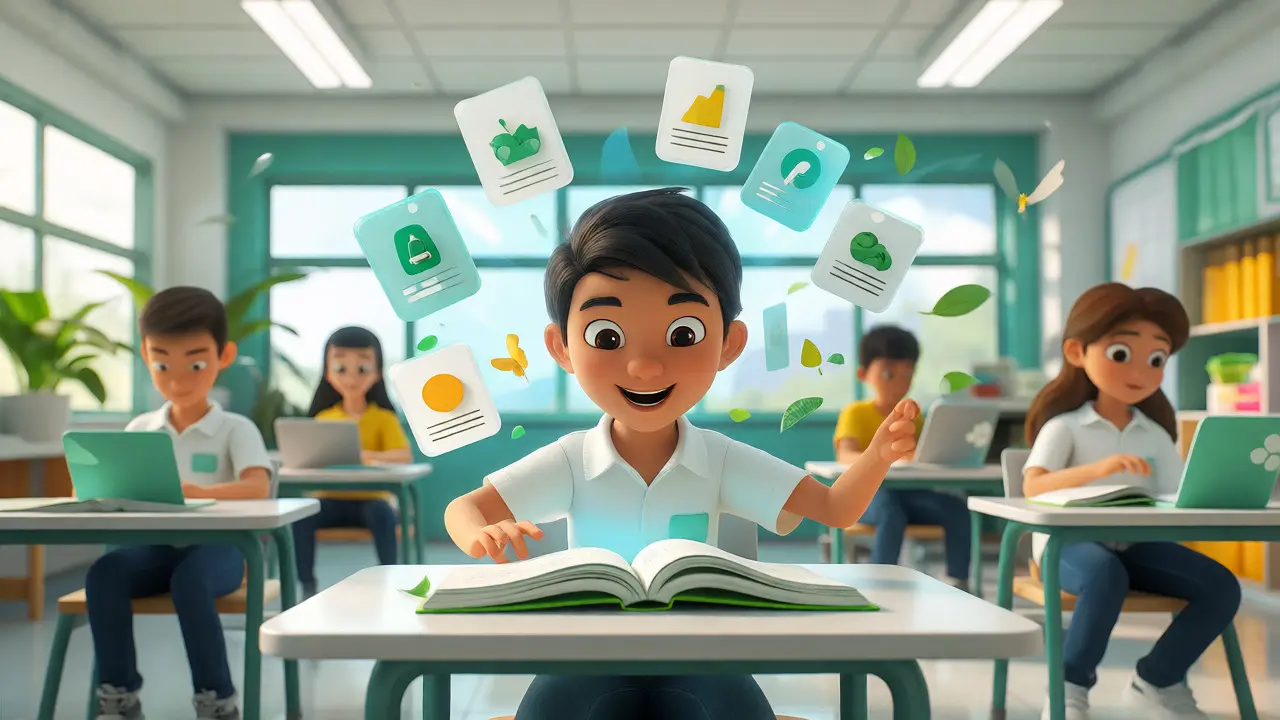 Student interacting with floating microlearning holographic cards