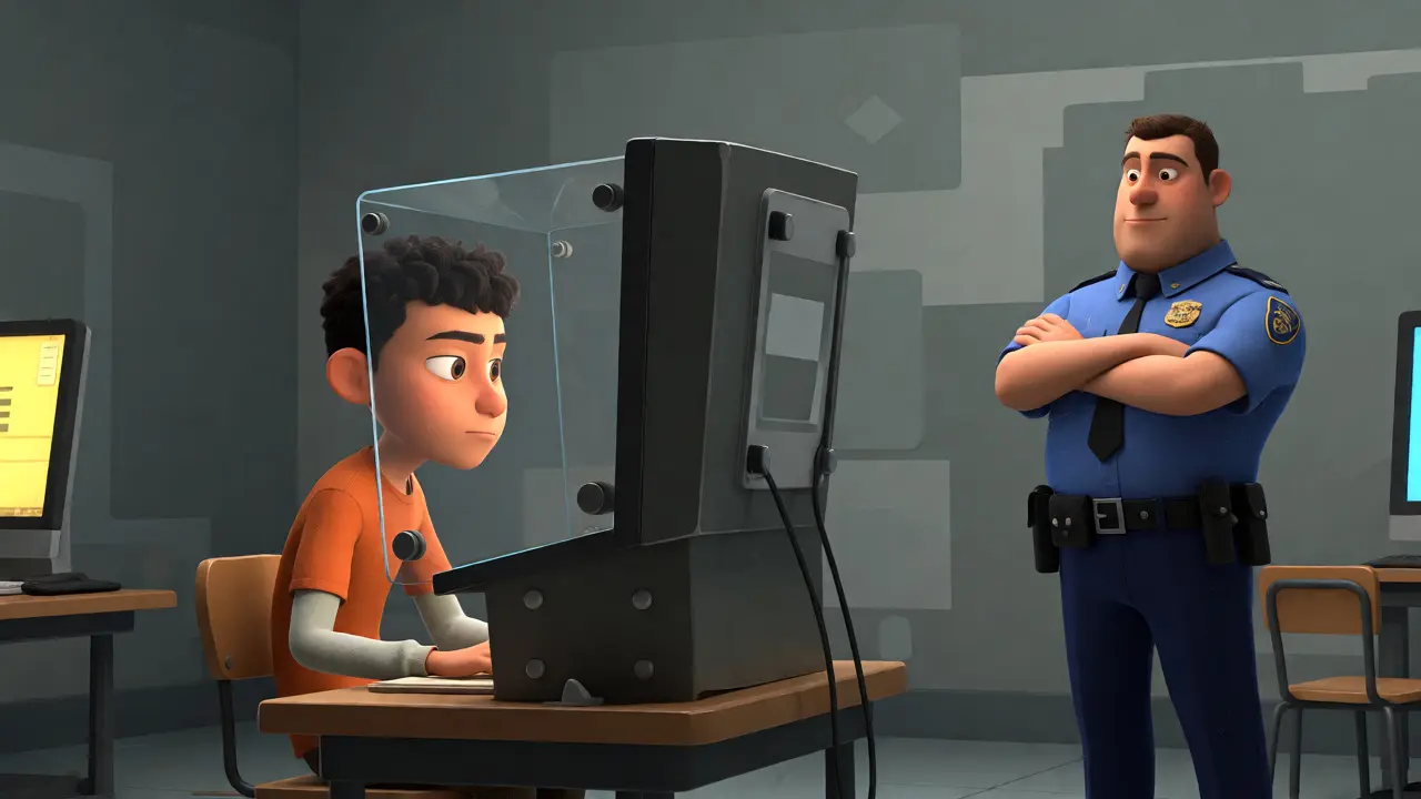 Student studying on a secure terminal while an officer observes nearby.
