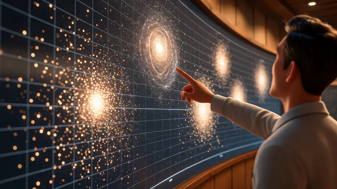 Teacher analyzing abstract data visualizations on a digital wall