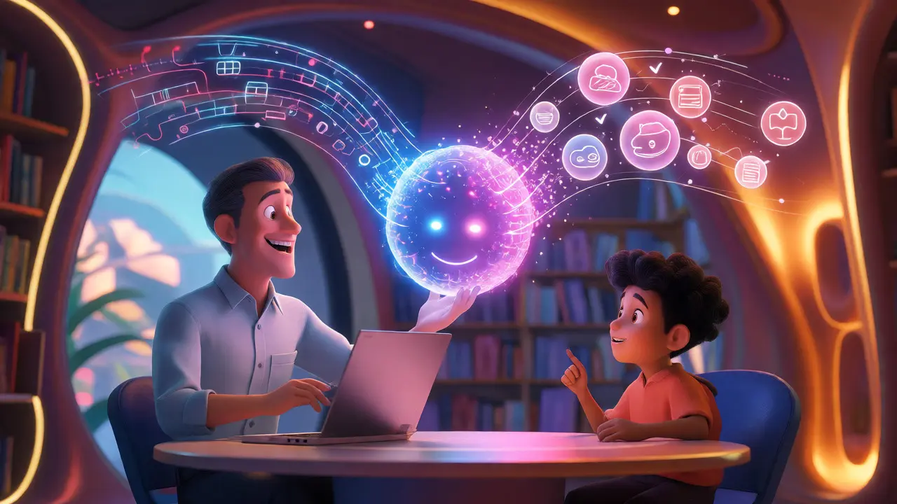 Teacher and student collaborating with a glowing AI orb that reveals clear feedback icons in a library.