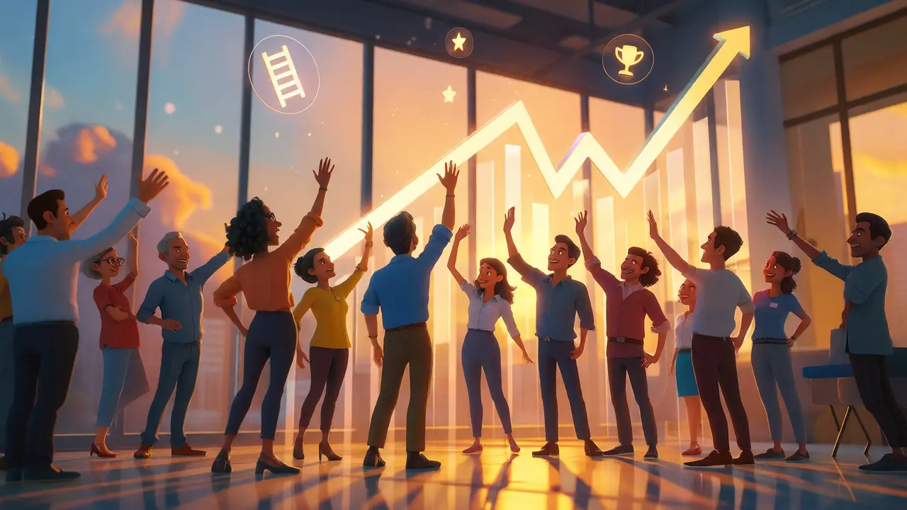 Team celebrating professional growth and success with rising light graphs.