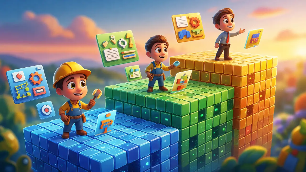 Three characters on ascending platforms representing tiered learning levels
