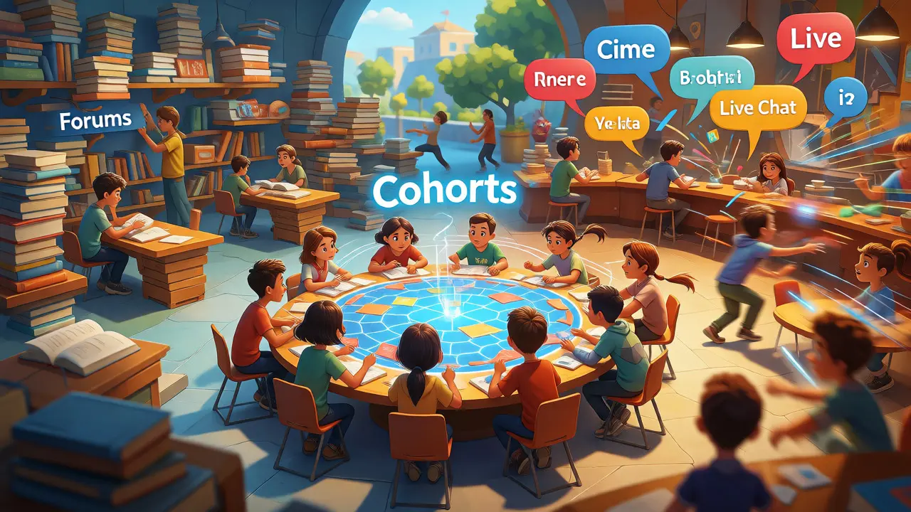 Three zones depicting forums, live chat, and cohorts as distinct areas in a learning campus.