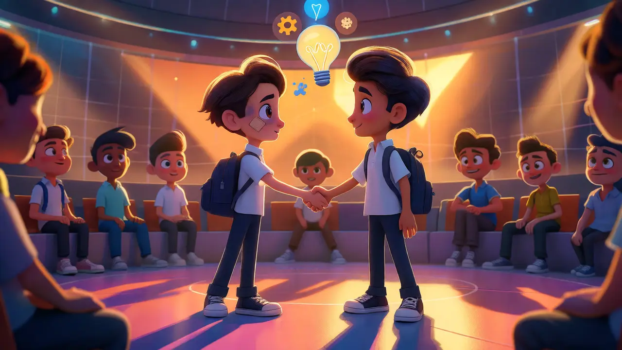 Two cartoon students reconciling after a debate in a forum
