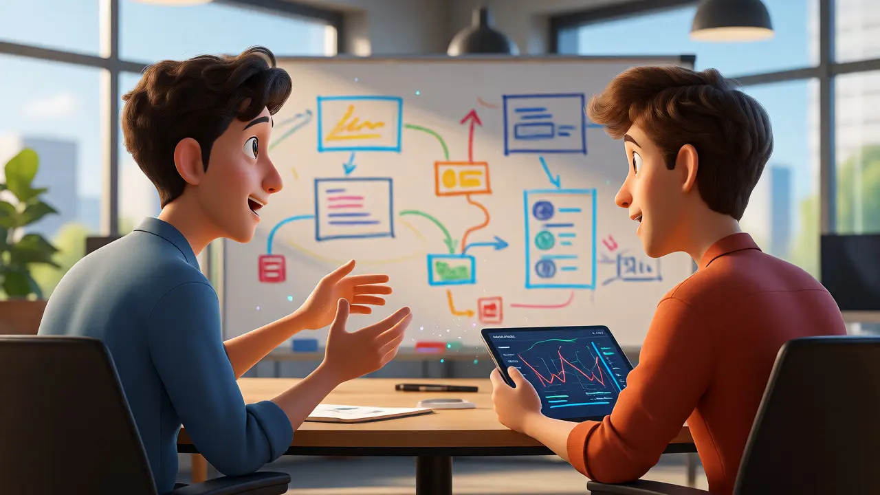 Two developers collaborating with abstract system trace visualizations