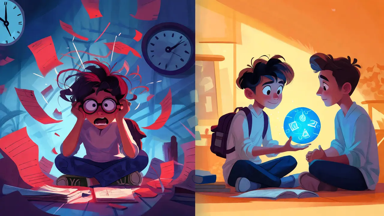 Visual metaphor contrasting chaotic last-minute panic with calm, structured writing support.