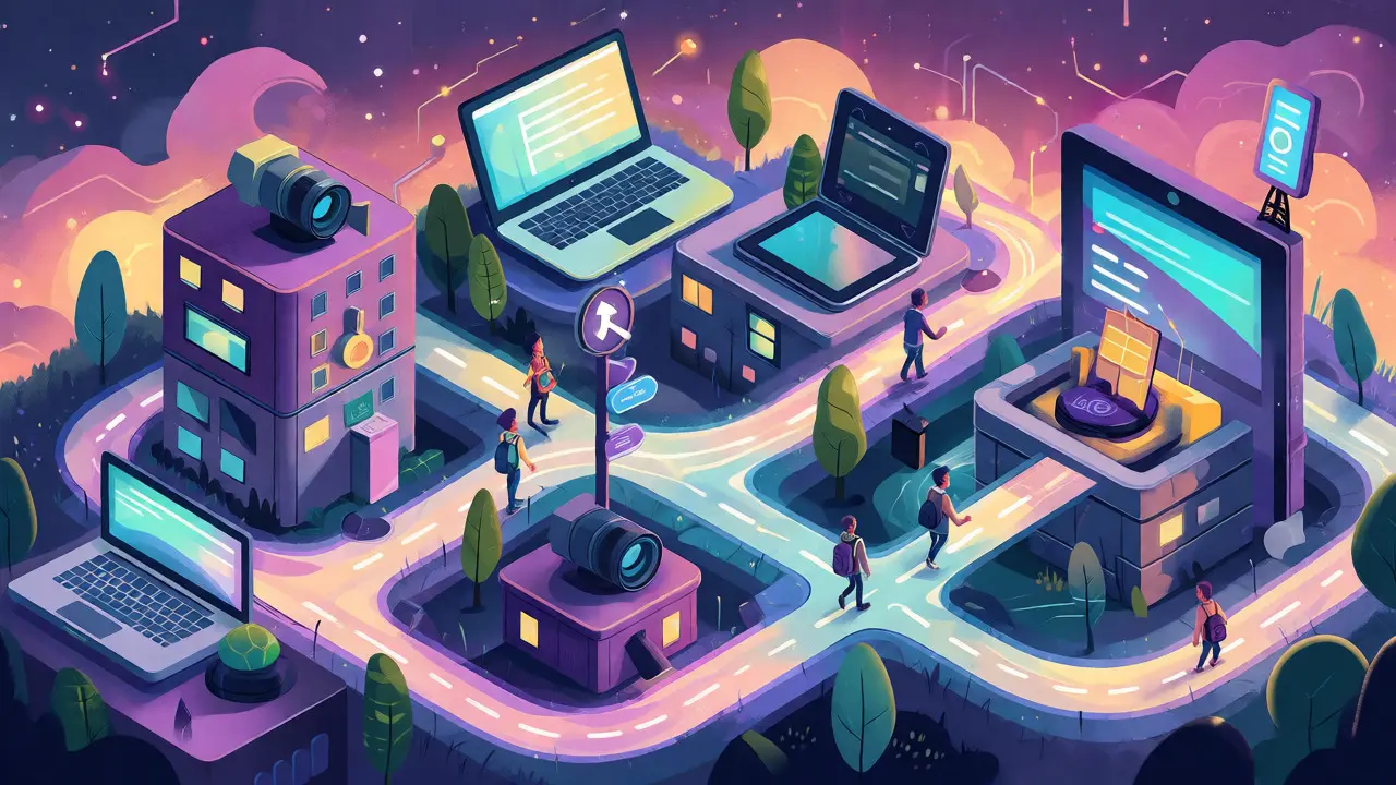 Whimsical cityscape of devices connected by data streams representing a learning ecosystem.